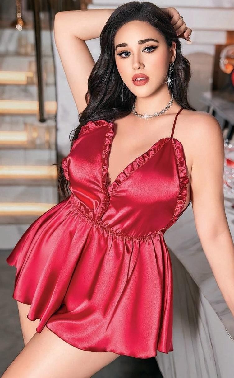 Sırtı Çapraz Askılı Büyük Beden Fantazi Saten Şort Tulum NightLight 3784 - Kırmızı