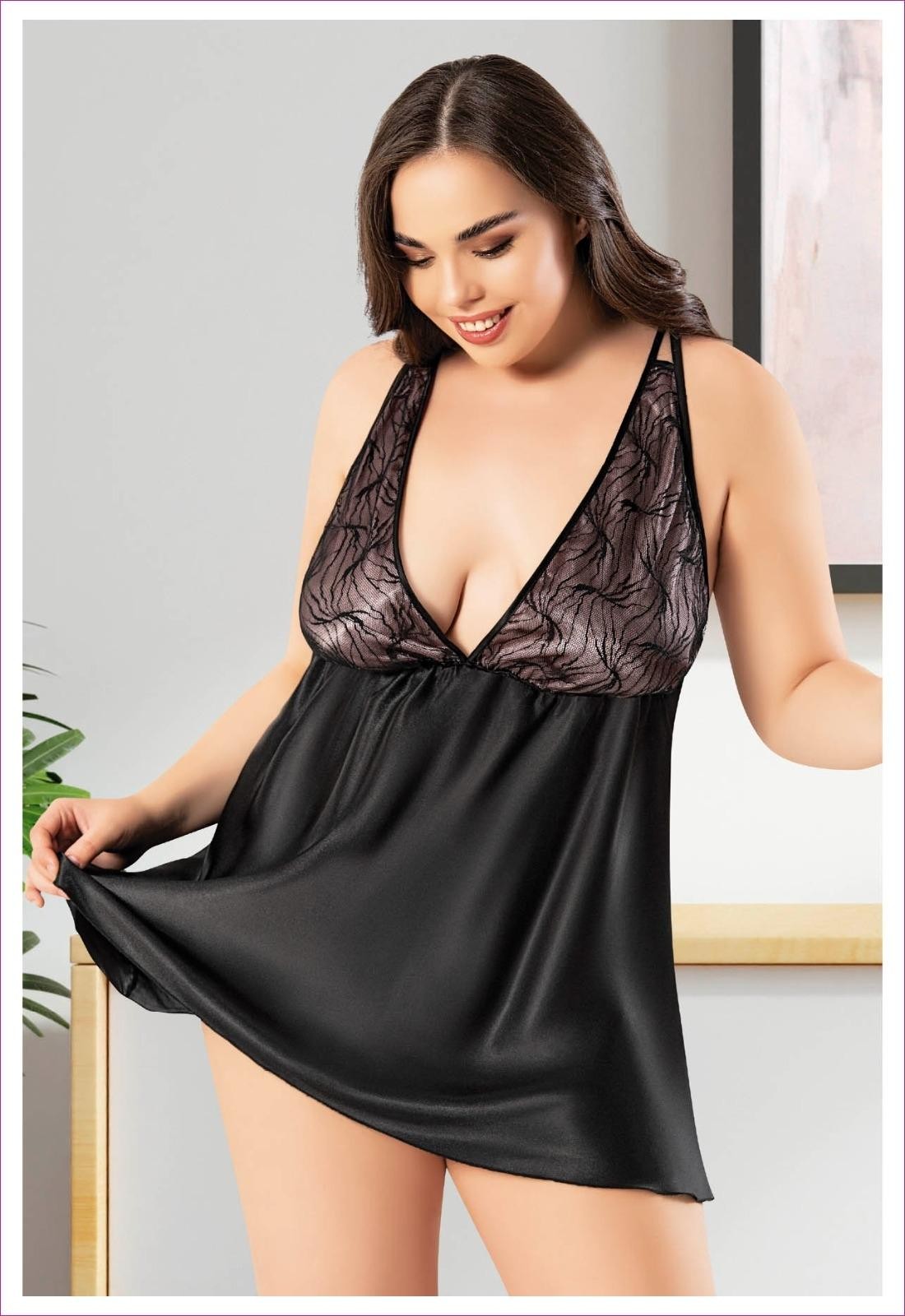 Sırtı Çapraz Askılı Büyük Beden İnce Askılı Siyah Gecelik Miss Laris 4041 - Siyah