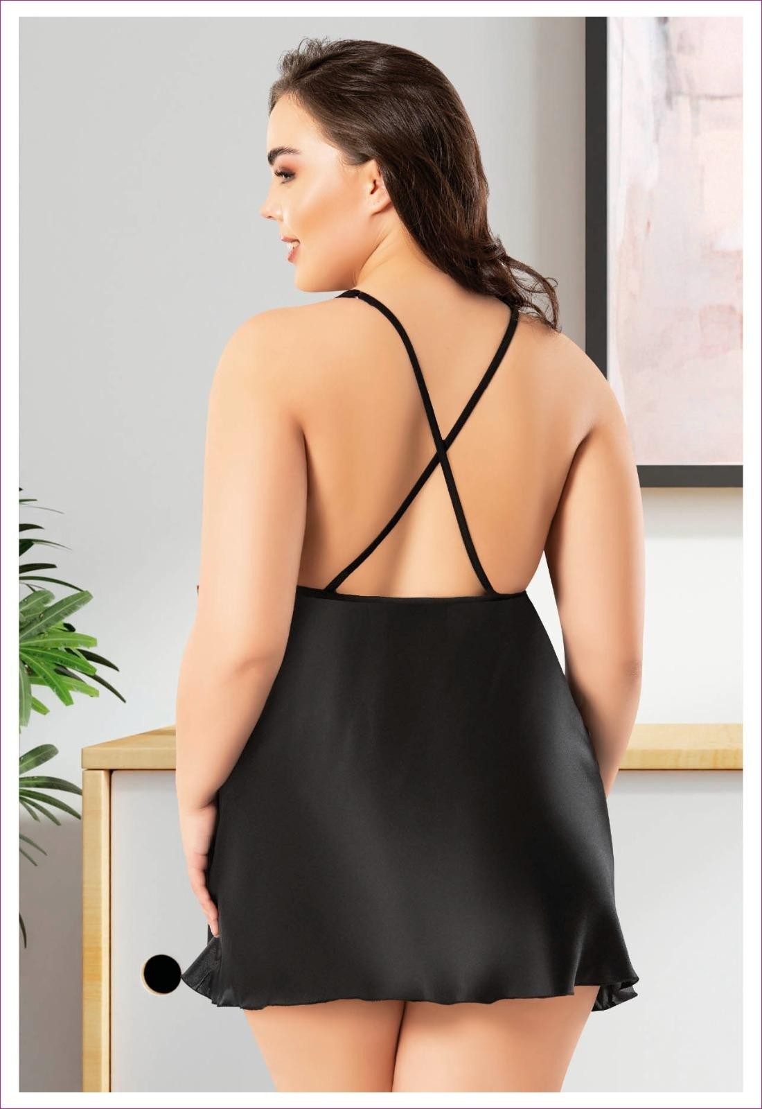 Sırtı Çapraz Askılı Büyük Beden İnce Askılı Siyah Gecelik Miss Laris 4041 - Siyah