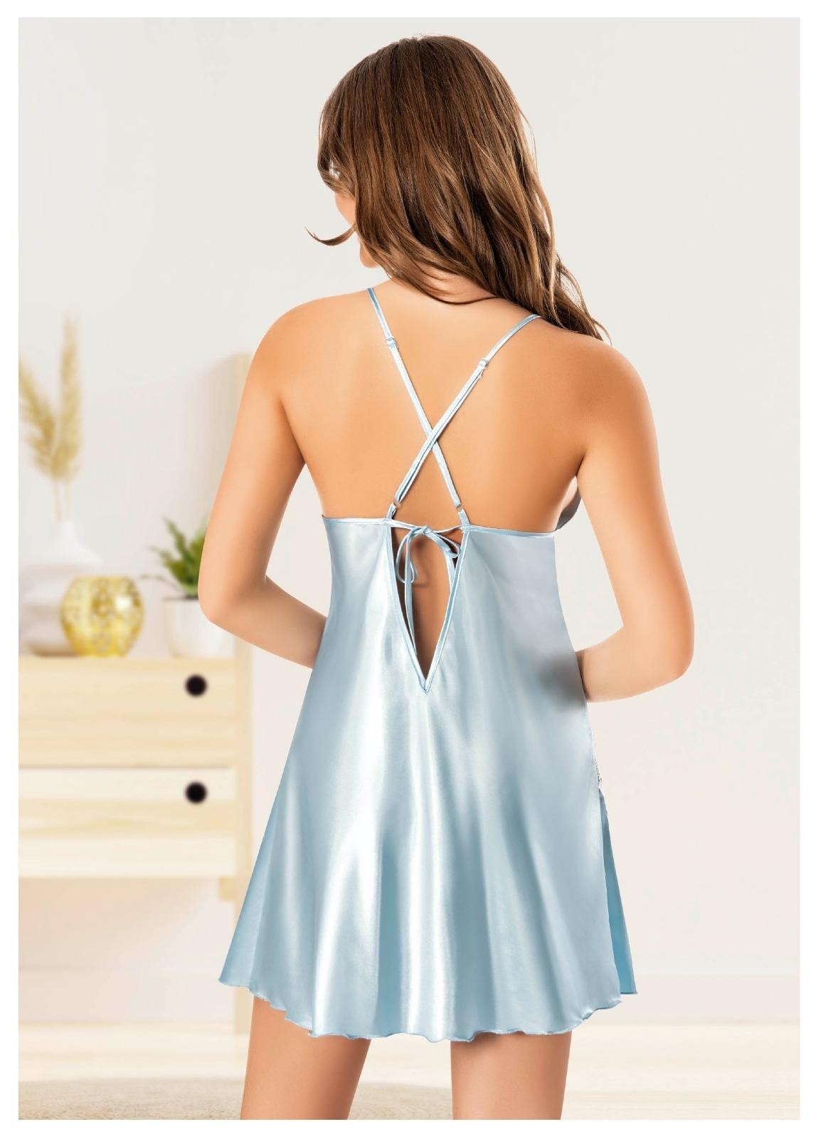 Sırtı Çapraz Askılı Dantelli Gecelik Uzun Kollu Saten Takımı Miss Laris 5073 - Mavi