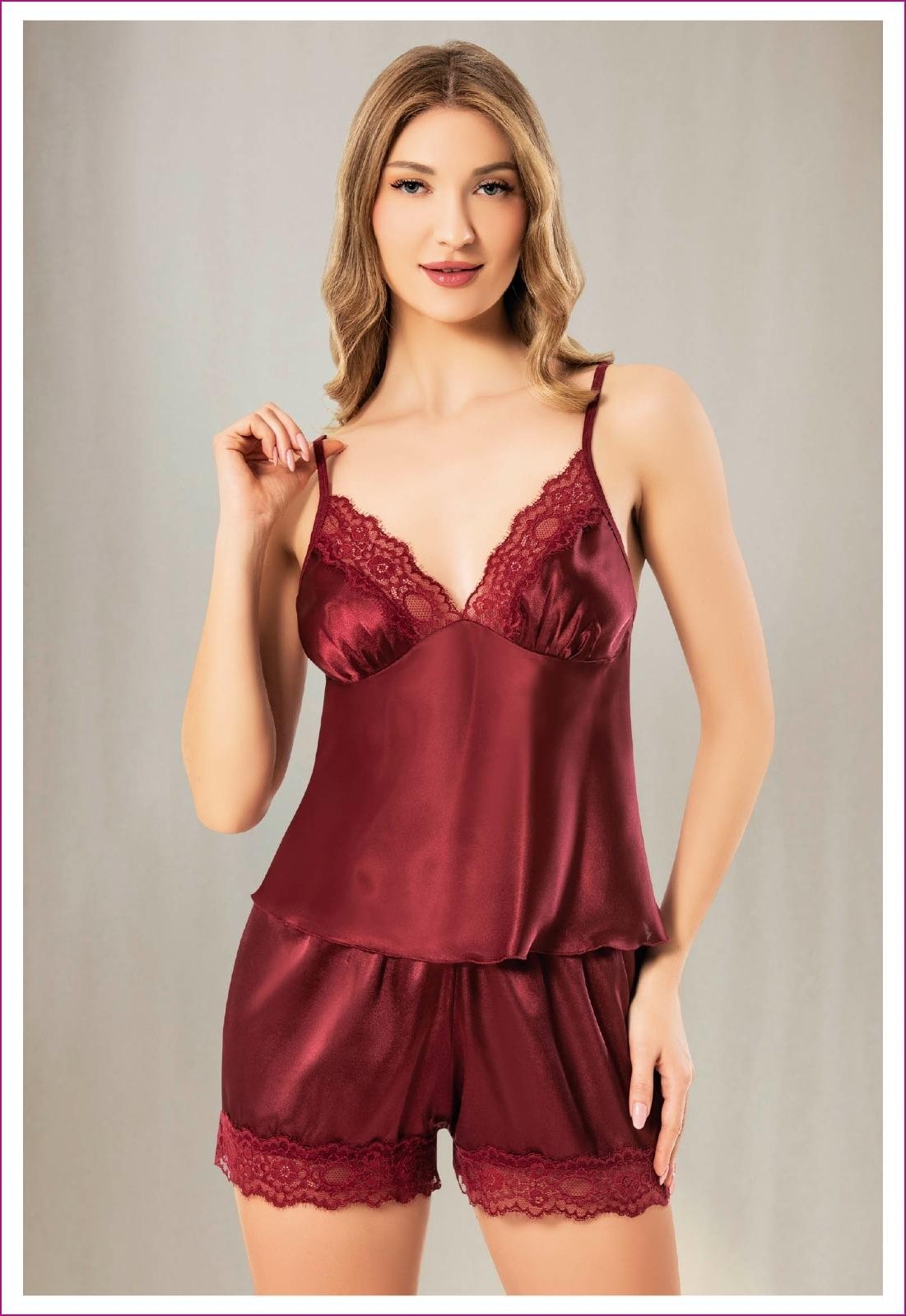 Dantelli Saten Şort Pijama Takımı Pembe Miss Laris 3130 - Bordo