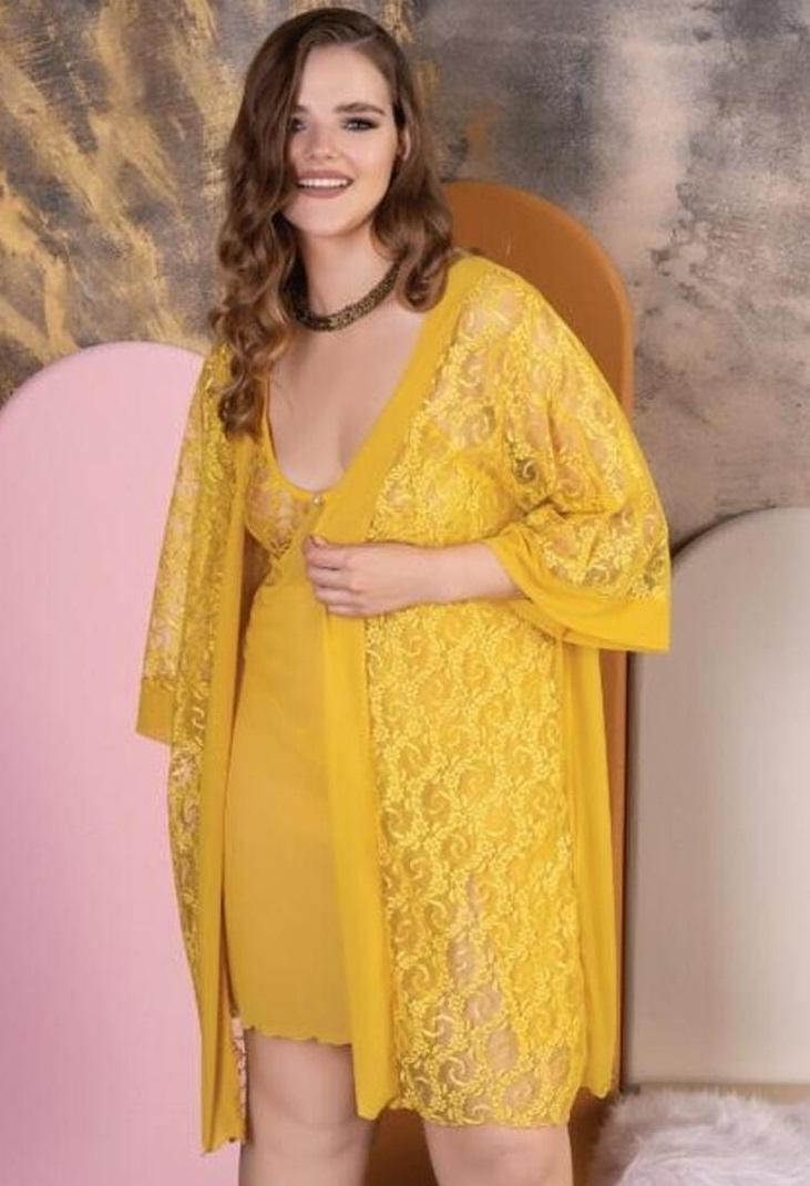 Dantelli Sarı Büyük Beden Body İzabel 6001 - Sarı