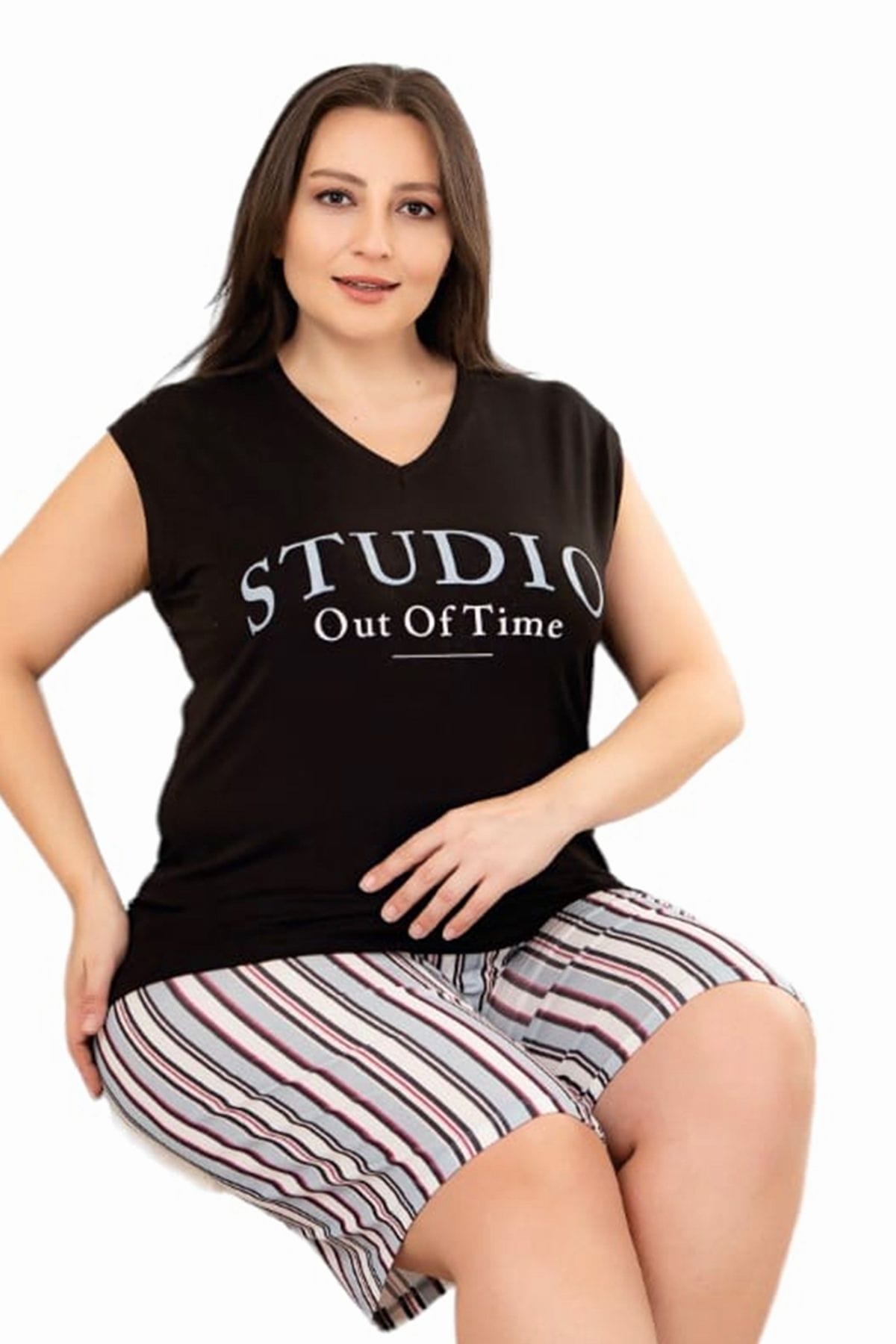 Siyah Beyaz Çizgili Desen Büyük Beden Şort Takım Lady 10402 - Siyah