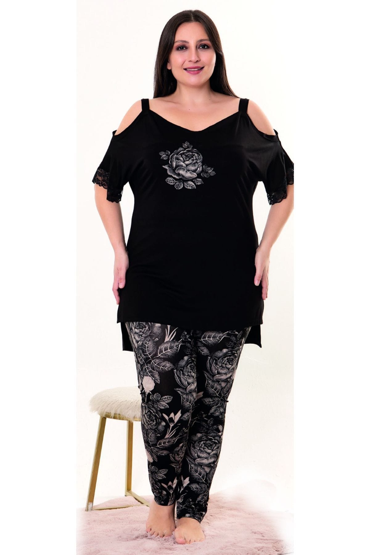 Lady Büyük Beden Siyah Çiçekli Penye Pijama Takımı Lady 10955