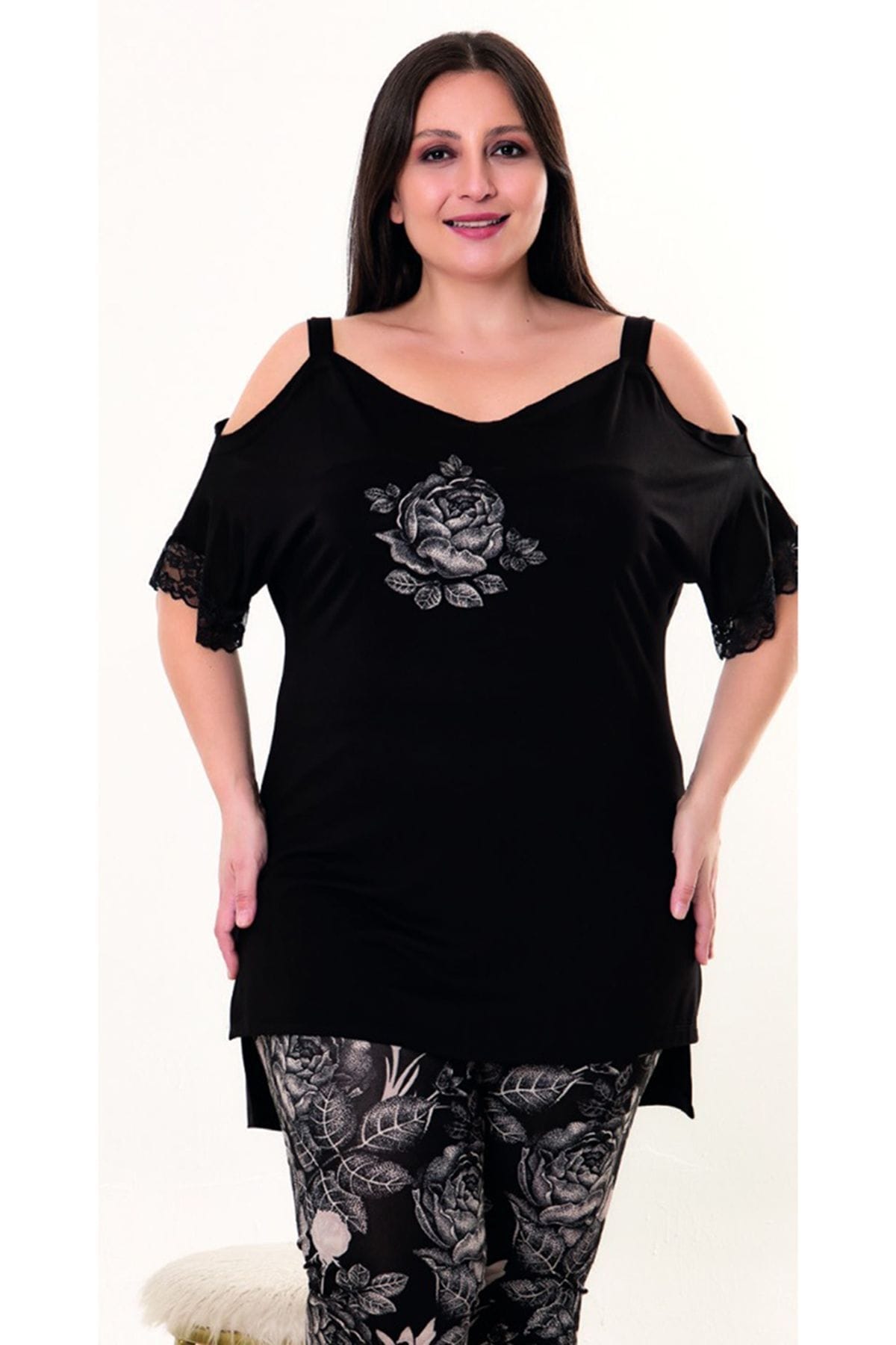 Büyük Beden Siyah Çiçekli Penye Pijama Takımı Lady 10955 - Siyah