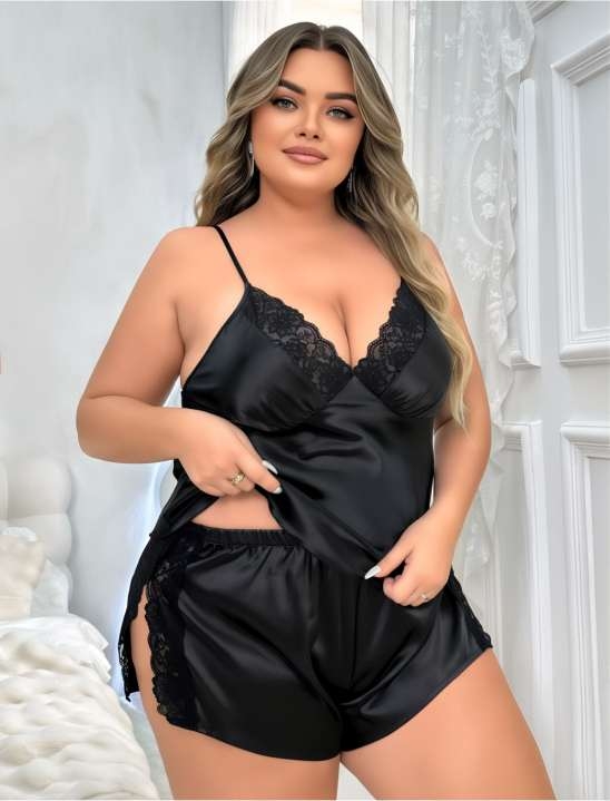 Dekolteli Saten Şort Takım Büyük Beden Real Passione 10002 - Siyah