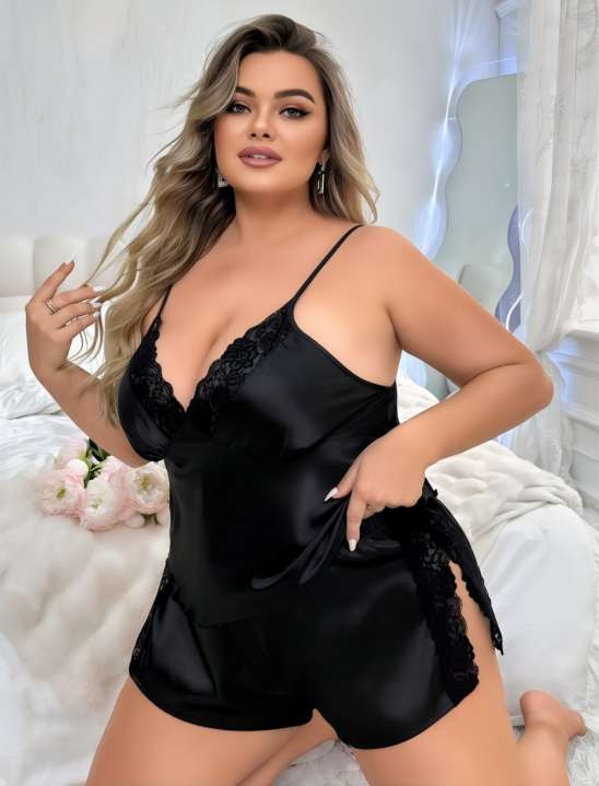 Dekolteli Saten Şort Takım Büyük Beden Real Passione 10002 - Siyah