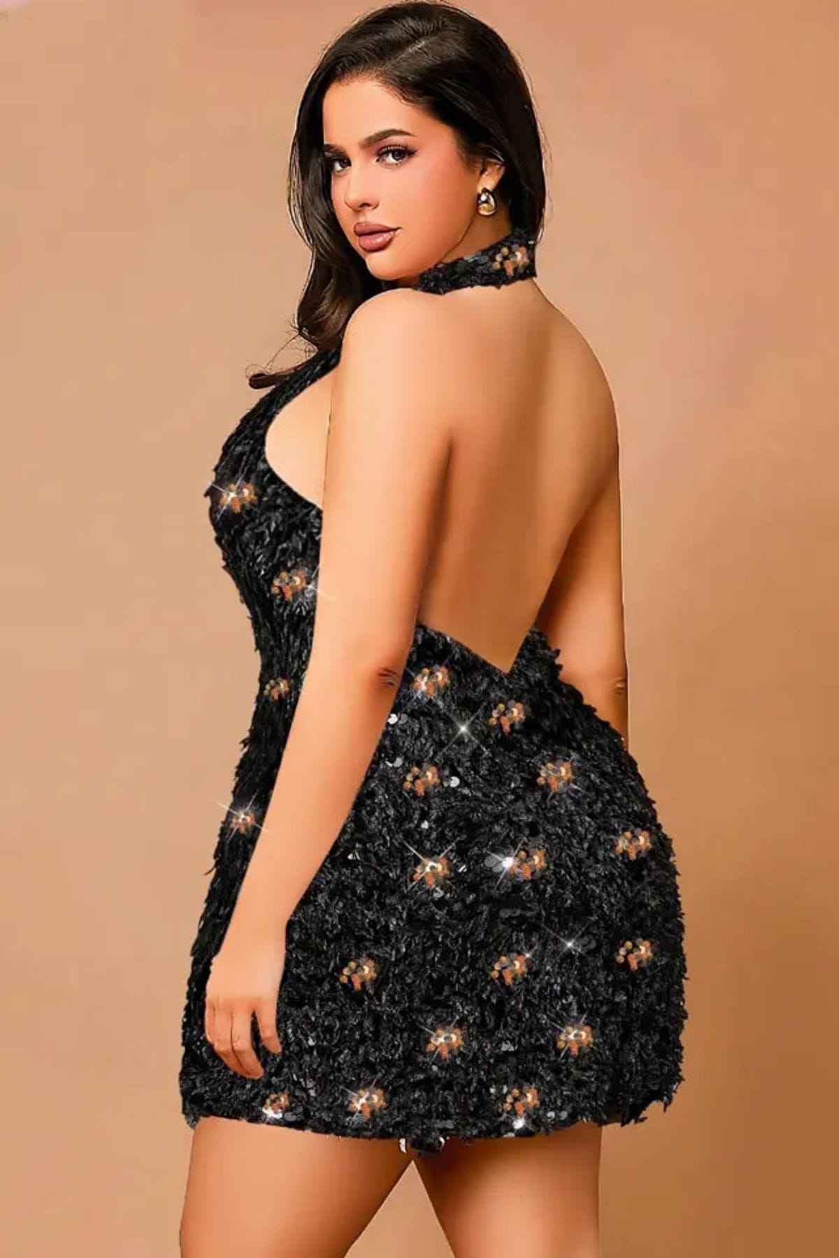 Işıltılı Peluş Boyun Askılı Büyük Beden Mini Elbise Pink Night 6504 - Siyah