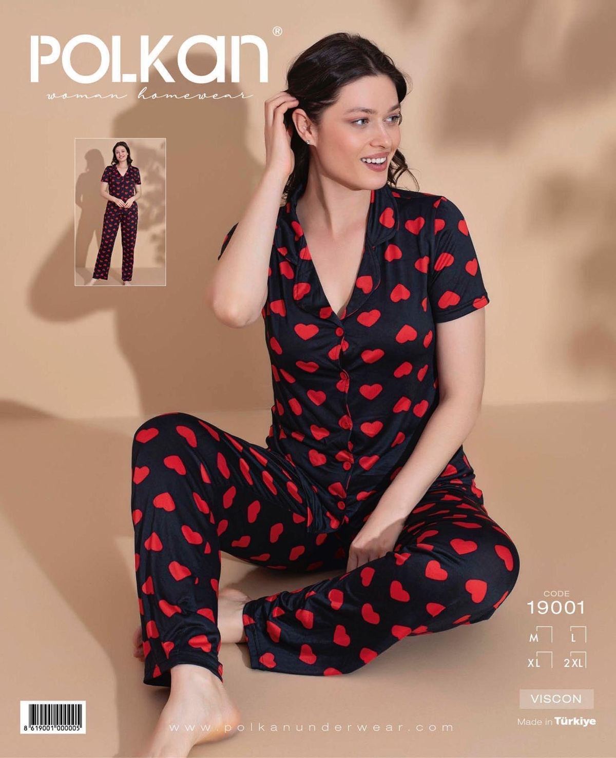 Kalp Desenli V Yaka Kısa Kollu Pijama Takımı Polkan 19001 - Siyah