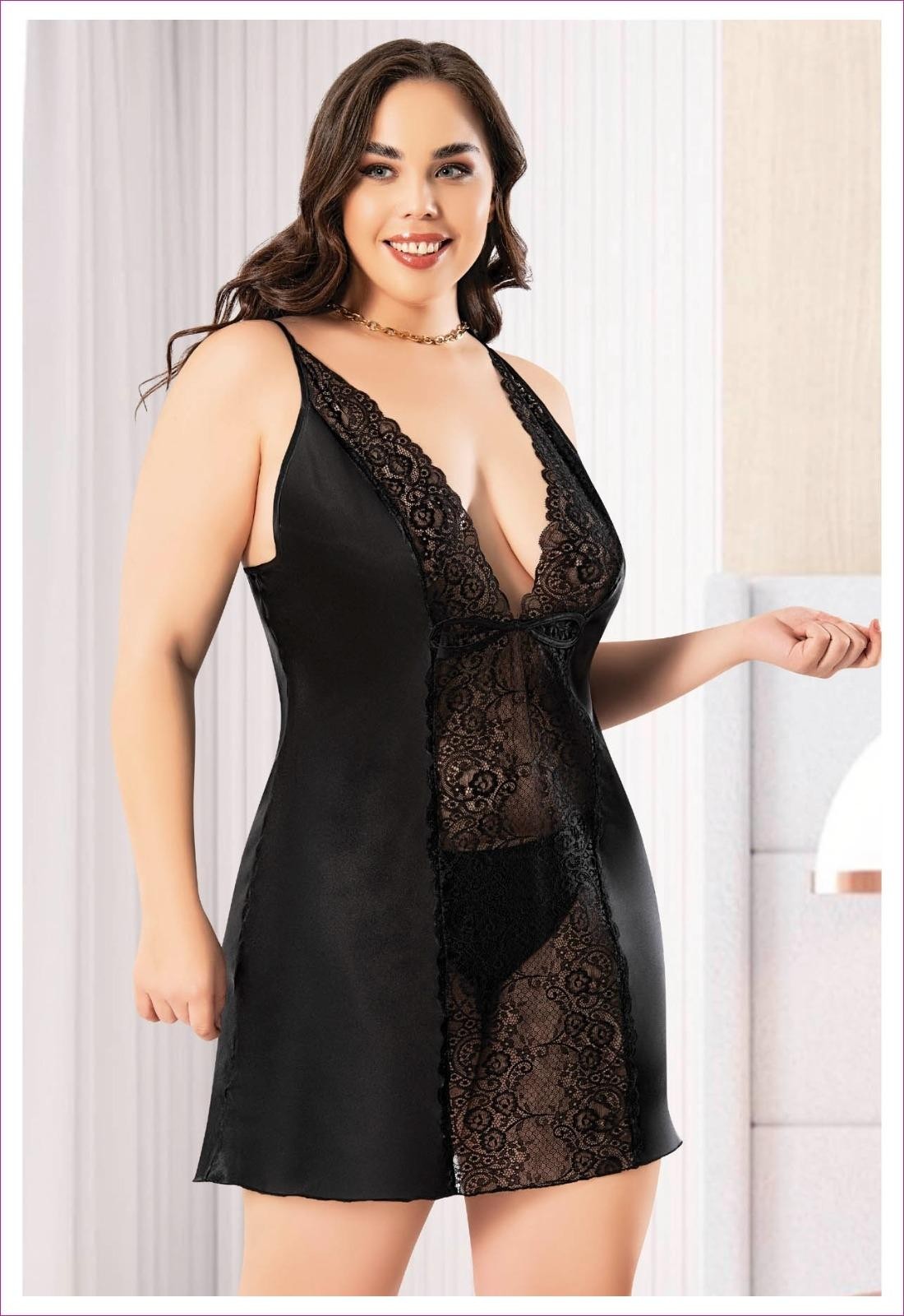 Siyah Dantel Detaylı İnce Askılı Saten Gecelik Miss Laris 4047 - Siyah