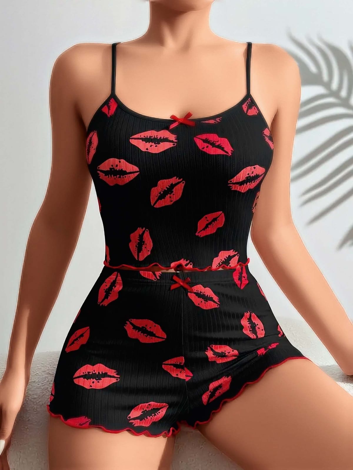 Somon Dantel Detaylı Askılı Şort Takım Lily Bianca 13013 - Siyah