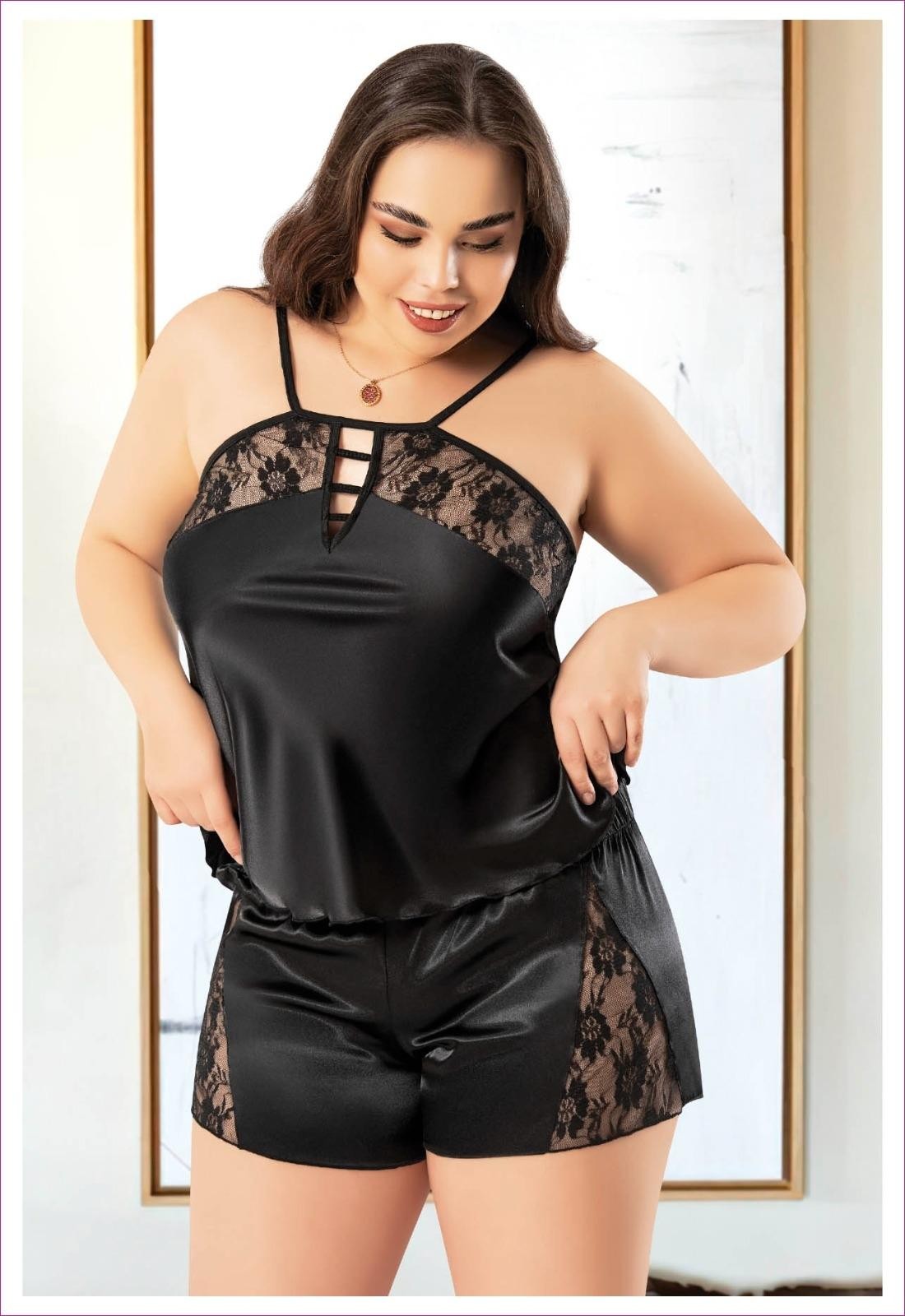 Siyah Dantelli İnce Askılı Şort Pijama Takımı Miss Laris 4236 - Siyah