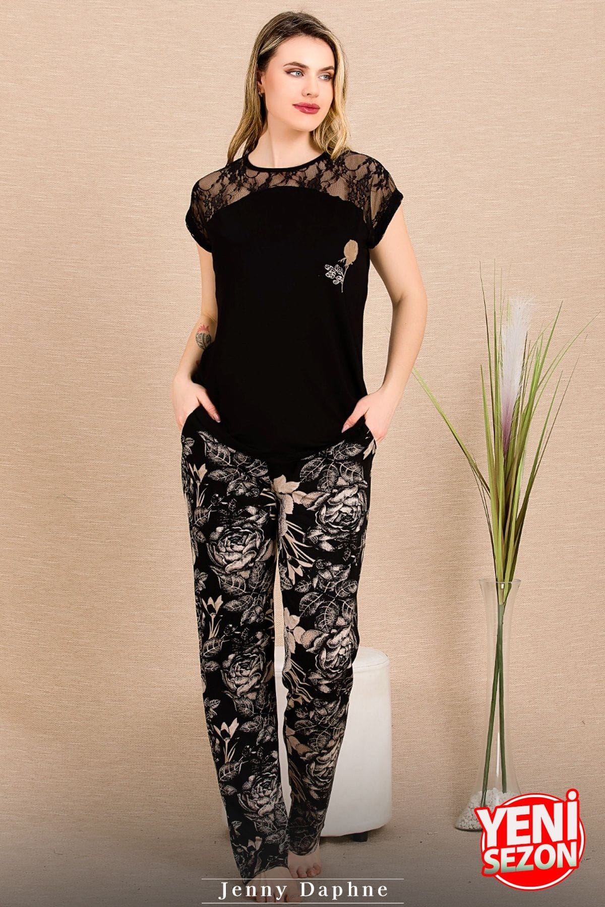 Siyah Renk Dantel Detaylı Pijama Takımı Lady 12488 - Siyah