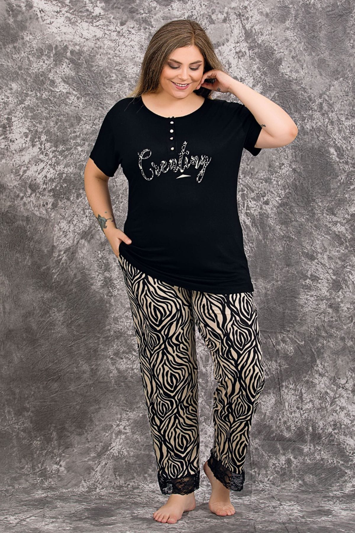 Lady Zebra Desenli Büyük Beden Pijama Takımı Lady 10982