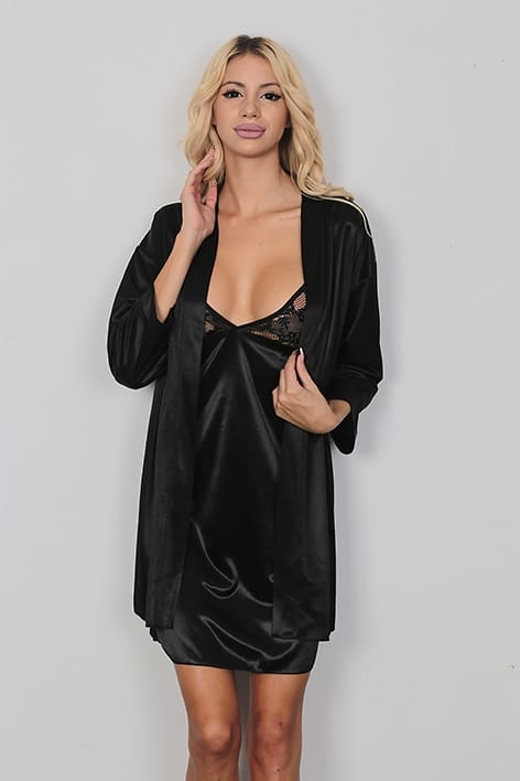 Saten Düşük Bel Sabahlık Kadın Pijama Takımı SHE 2037 - Siyah