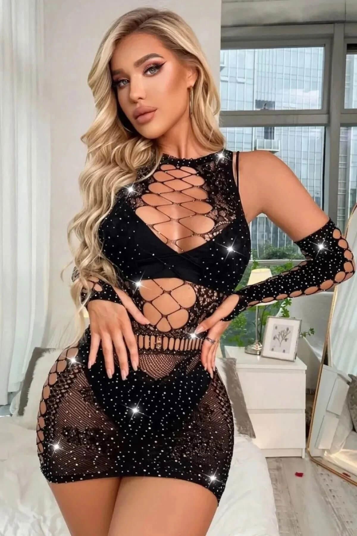 İzabel Siyah Taşlı Dantel Vücut Çorabı İzabel 7030