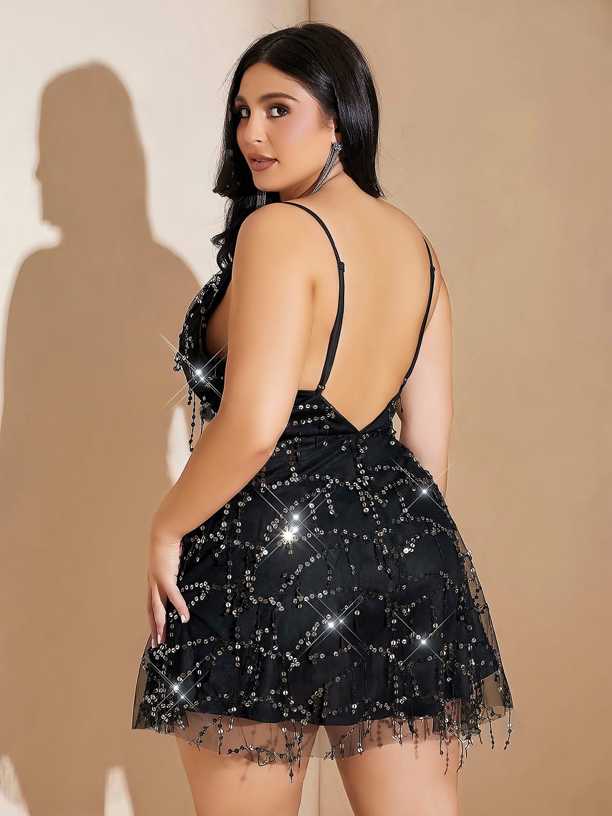 Siyah Tül Detaylı Payetli Büyük Beden Mini Elbise Pink Night 6502 - Siyah