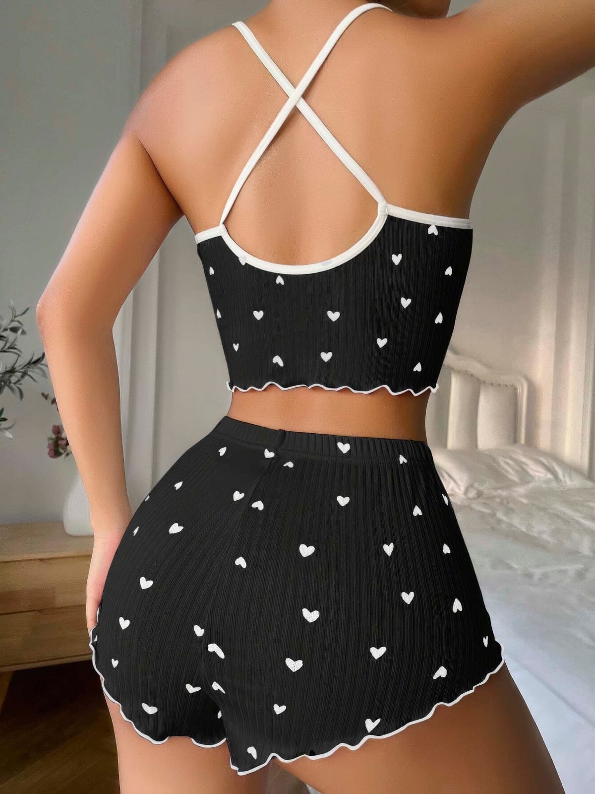 Çapraz Askılı Siyah Yazlık Şort Pijama Takımı Lily Bianca 13099 - Siyah