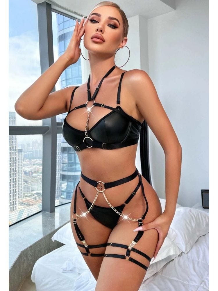 Zincir Detaylı Jartiyerli İç Çamaşır Takımı Loomerie 525 - Siyah