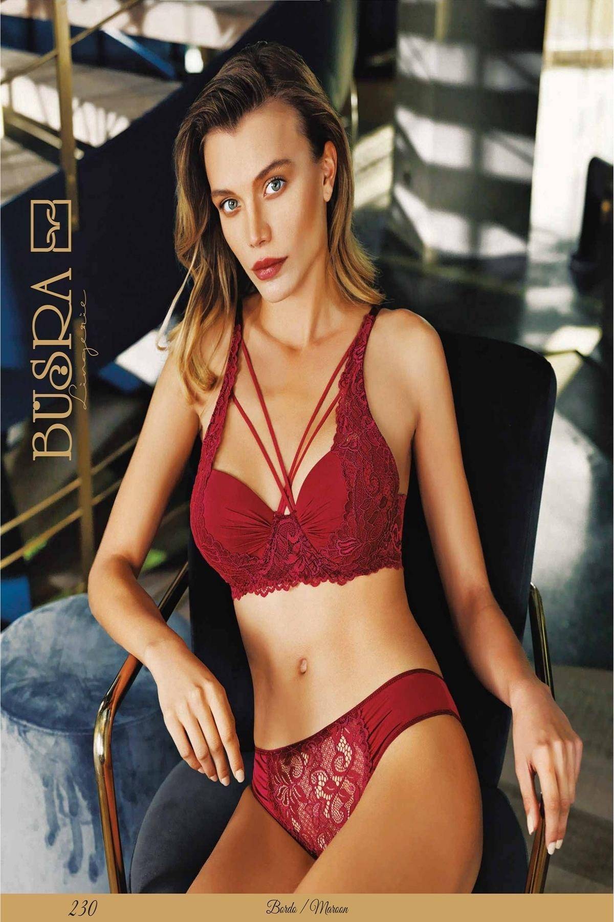 Büzgülü Fransız Dantelli Kadın Sütyen Külot Takım Büşra 230 - Bordo
