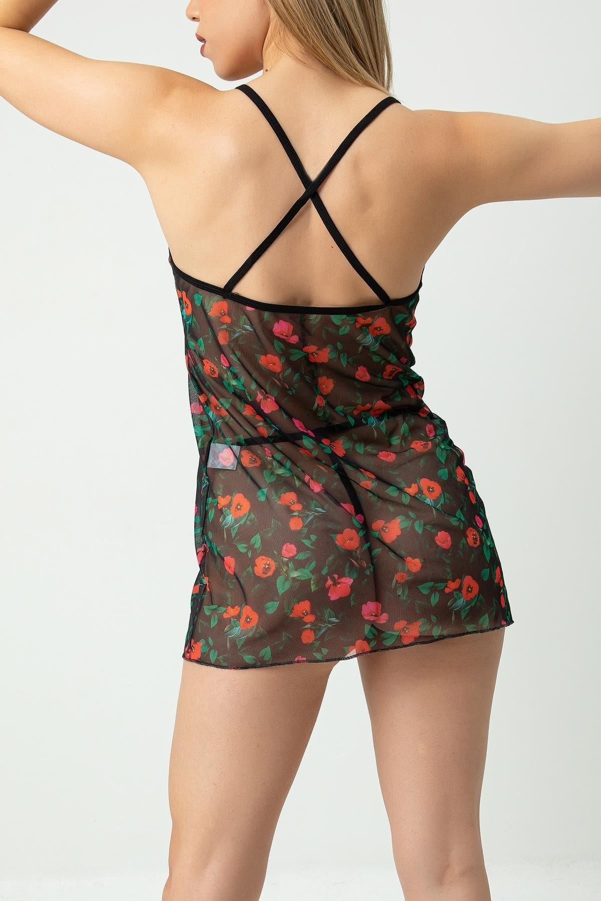 Transparan Çiçek Desenli Tek Parça Gecelik SHE 1367 - Siyah