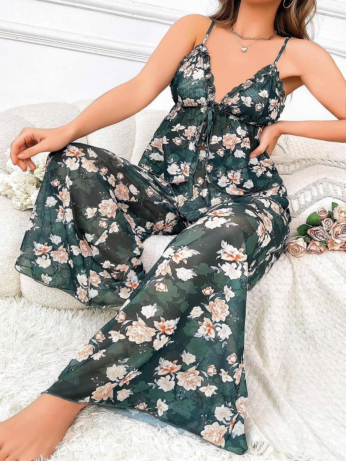 Çiçek Desenli İnce Askılı Büyük Beden Pijama Takımı Pink Night 6956 - Yeşil