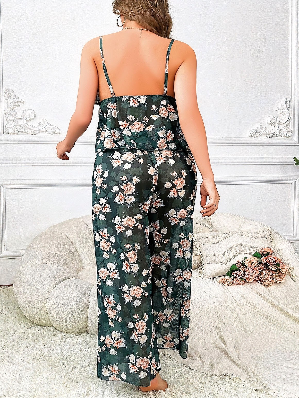 Çiçek Desenli İnce Askılı Büyük Beden Pijama Takımı Pink Night 6956 - Yeşil