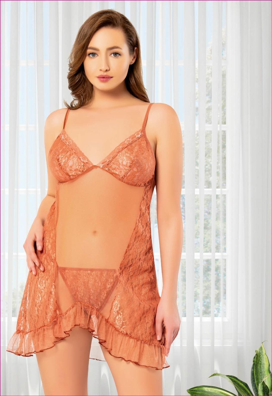 Bordo Dantelli İnce Askılı Fantazi Gecelik Miss Laris 4406 - Somon