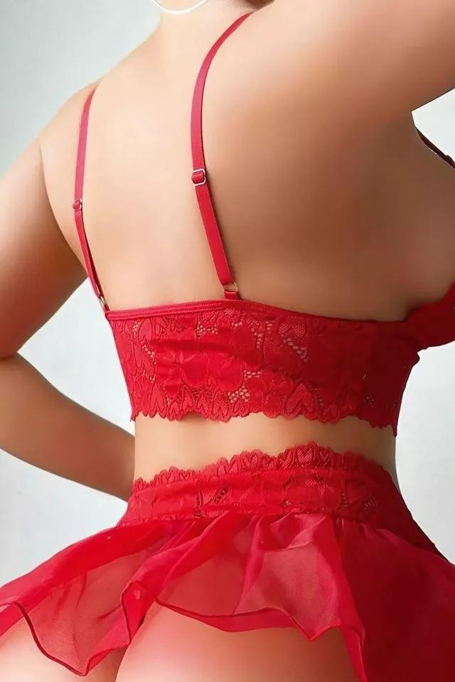 Tül Etekli Kırmızı Bralet Erotik Jartiyer Takım Ruselin 2199 - Kırmızı