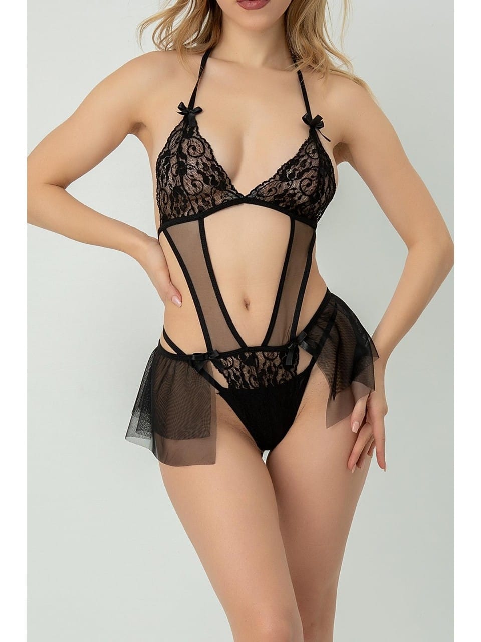 Şeffaf Tül Midi Etekli Babydoll SHE 2107 - Siyah