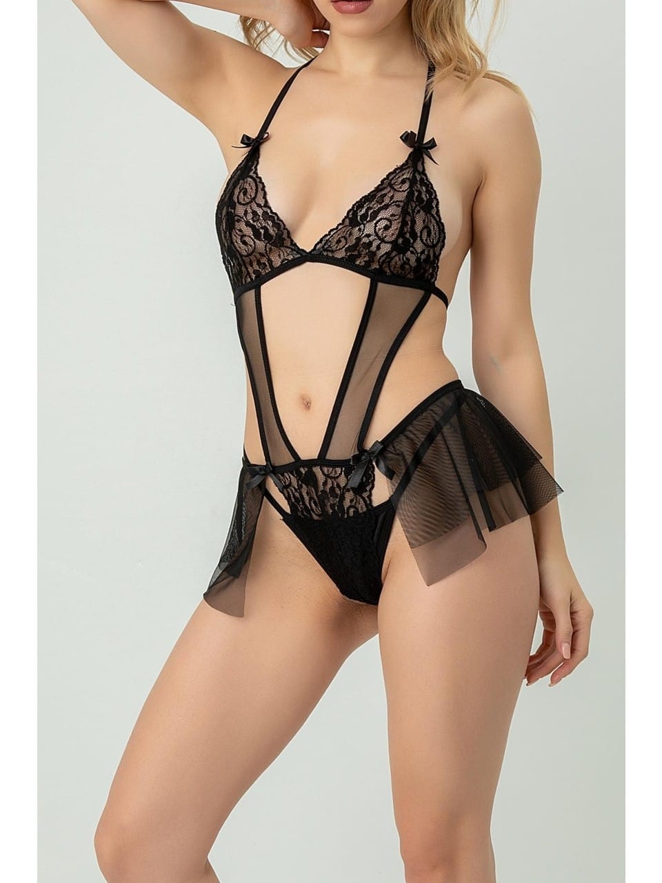 Şeffaf Tül Midi Etekli Babydoll SHE 2107 - Siyah
