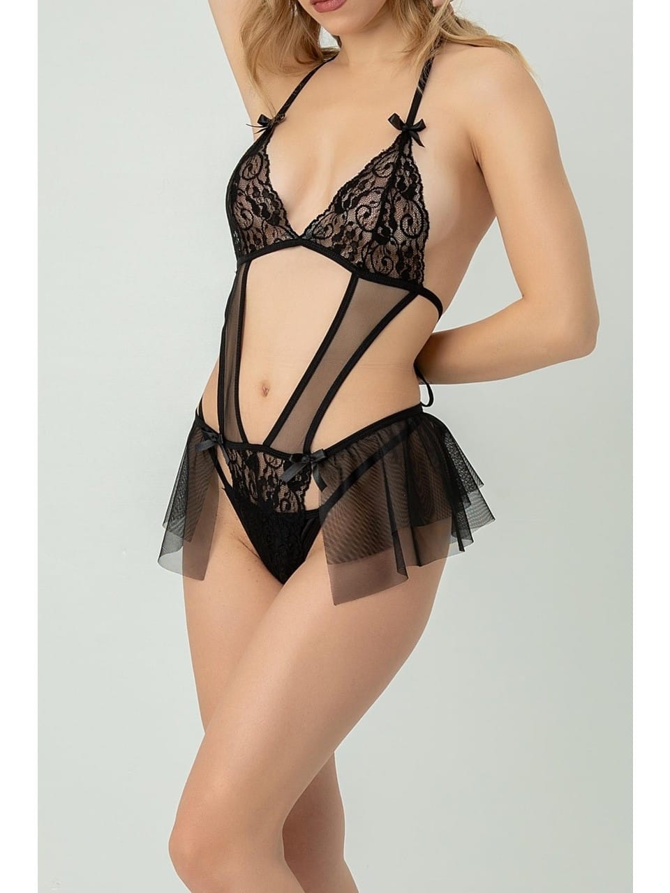Şeffaf Tül Midi Etekli Babydoll SHE 2107 - Siyah