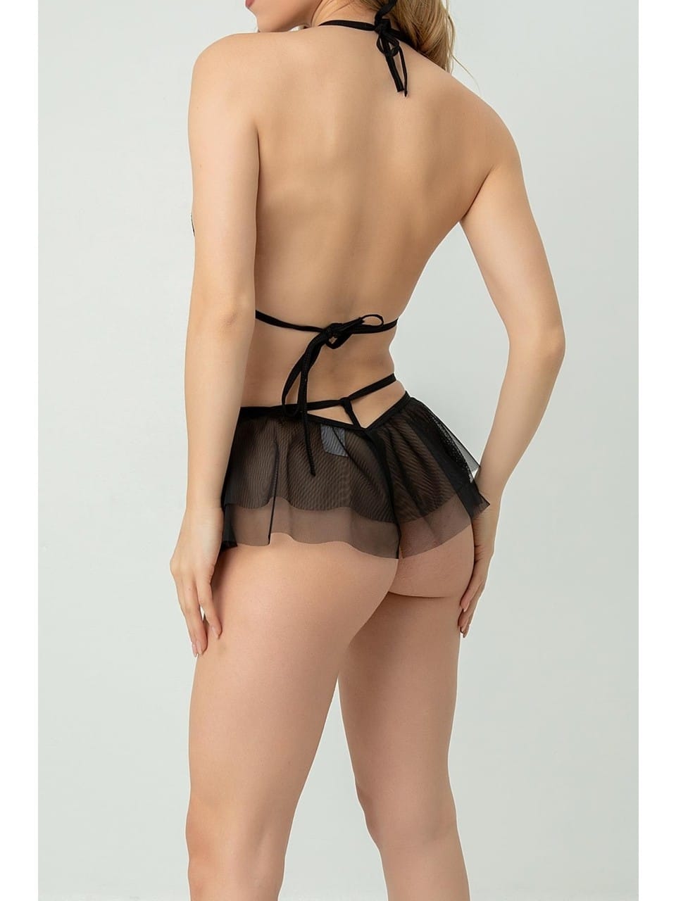 Şeffaf Tül Midi Etekli Babydoll SHE 2107 - Siyah