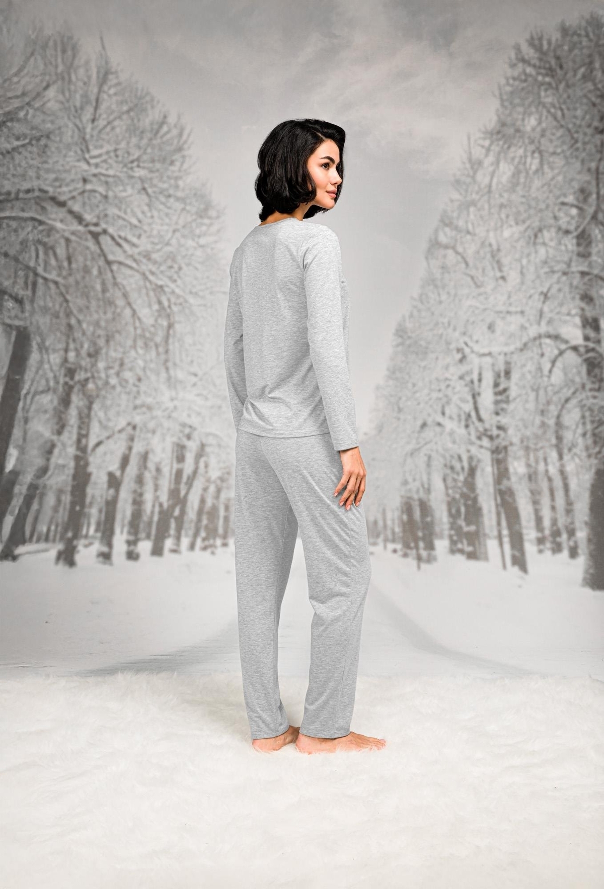 Pamuklu Dantel Detaylı Uzun Kollu Pijama Takımı Doreanse 26K4105 - Gri