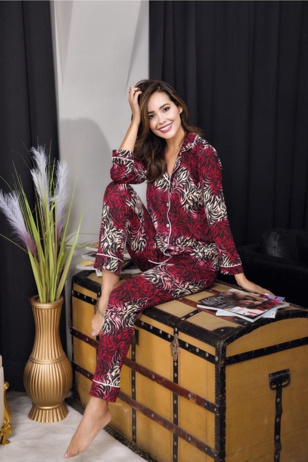 Düğmeli Desenli Uzun Kollu Pijama Takımı İzabel 4006 - Bordo