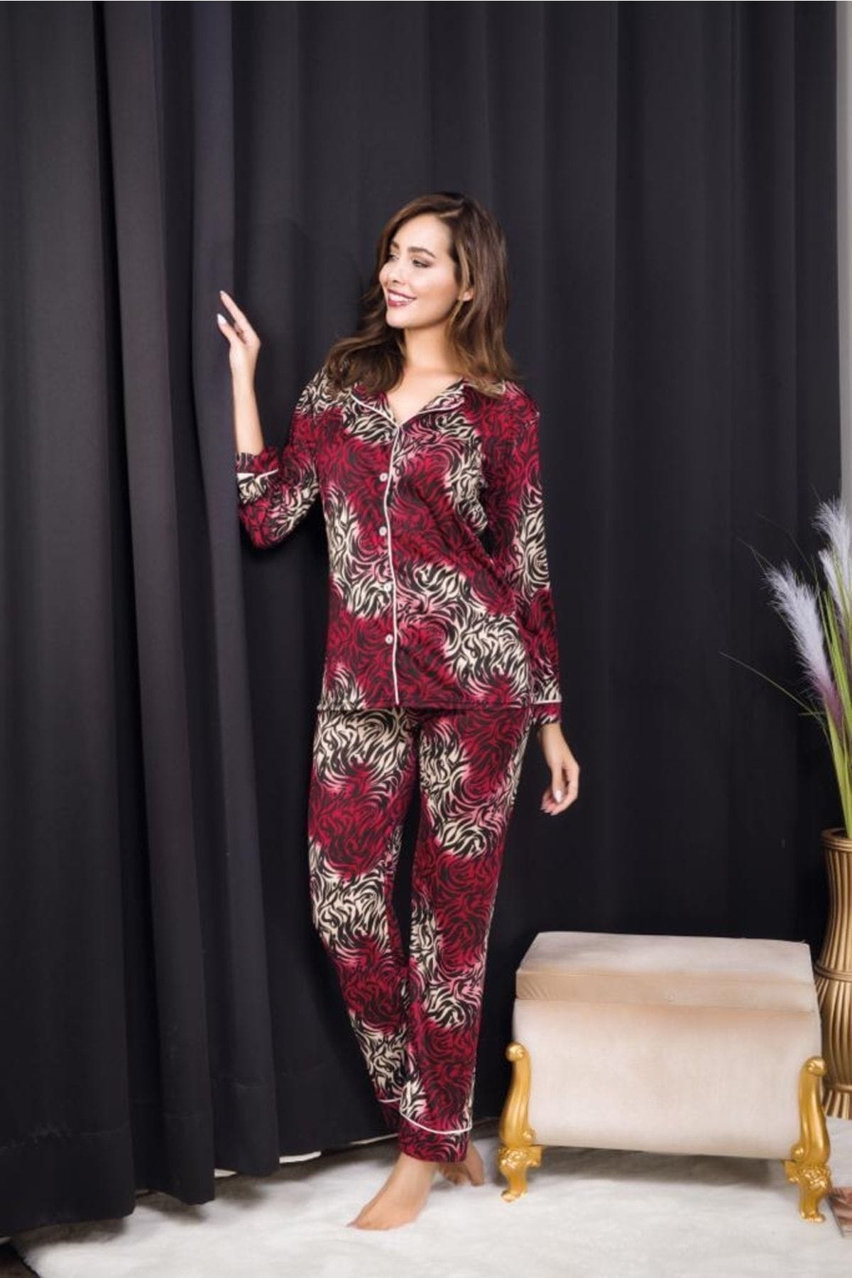 Düğmeli Desenli Uzun Kollu Pijama Takımı İzabel 4006 - Bordo