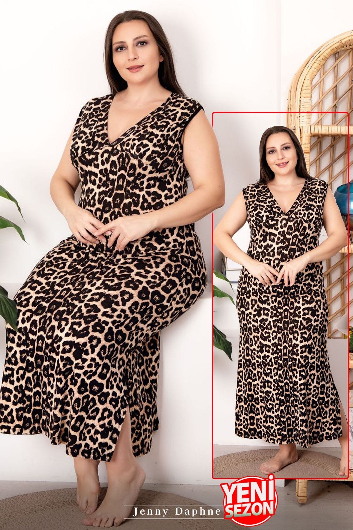 Leopar Desenli V Yaka Sıfır Kollu Büyük Beden Elbise Lady 7250 - Siyah