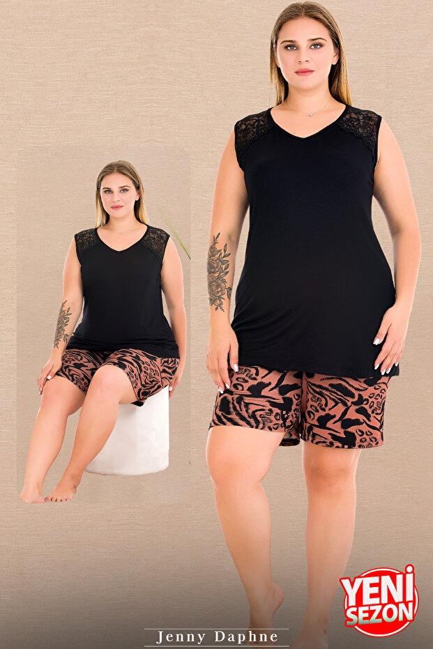 V Yaka Sıfır Kollu Büyük Beden Şortlu Pijama Takımı Somon Lady 10041 - Siyah
