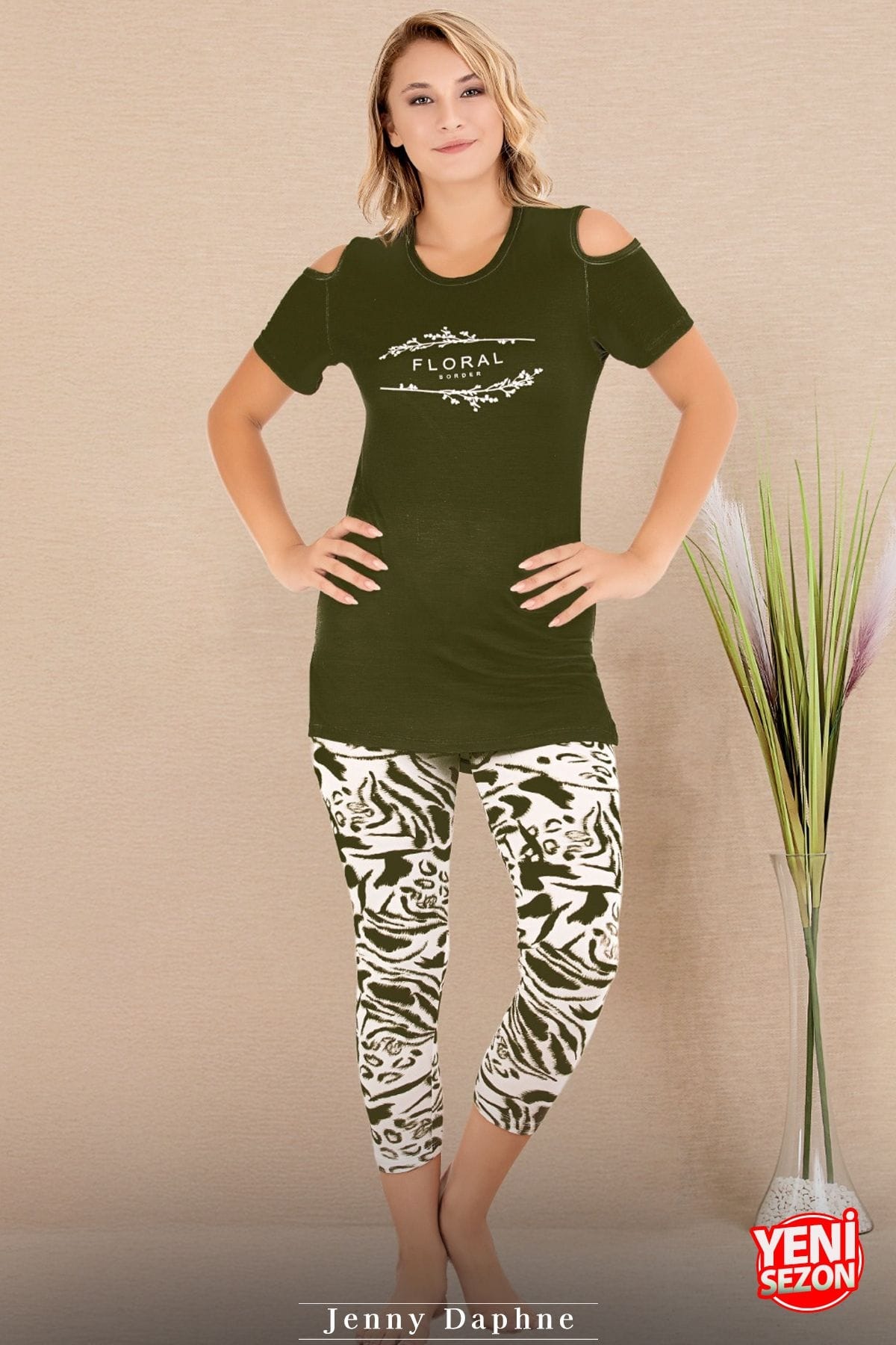 Viskon Desenli Kısa Kollu Kapri Pijama Takımı Lady 12070 - Yeşil