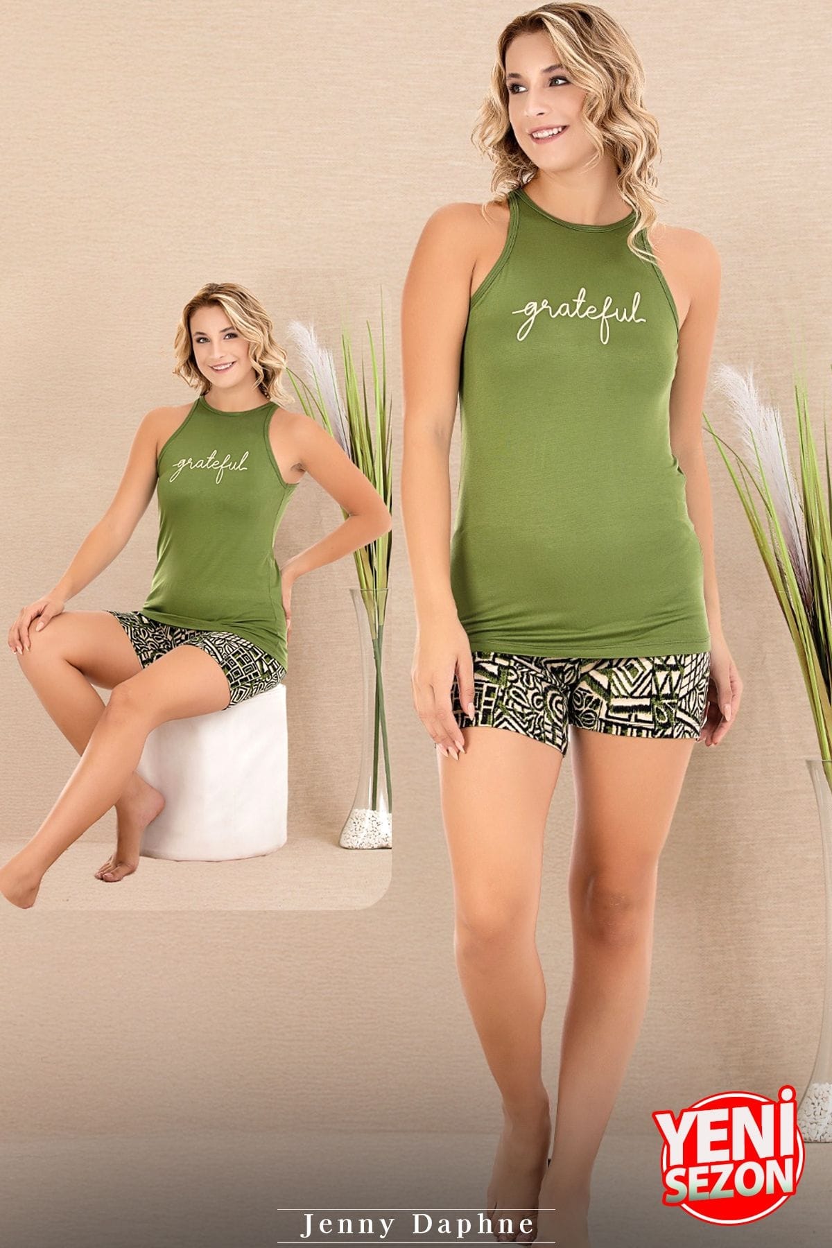 Viskon Kumaş Kolsuz Şortlu Kadın Pijama Takımı Lady 7729 - Yeşil