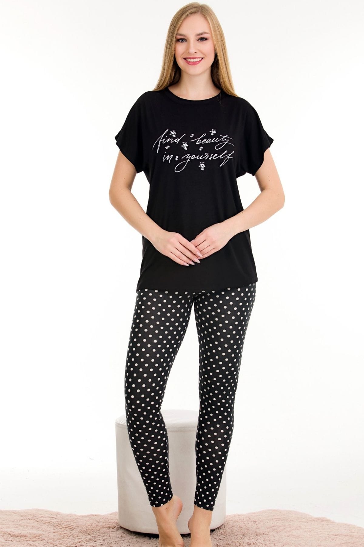 Puantiyeli Viskon Kısa Kol Pijama Takımı Lady 12565 - Siyah