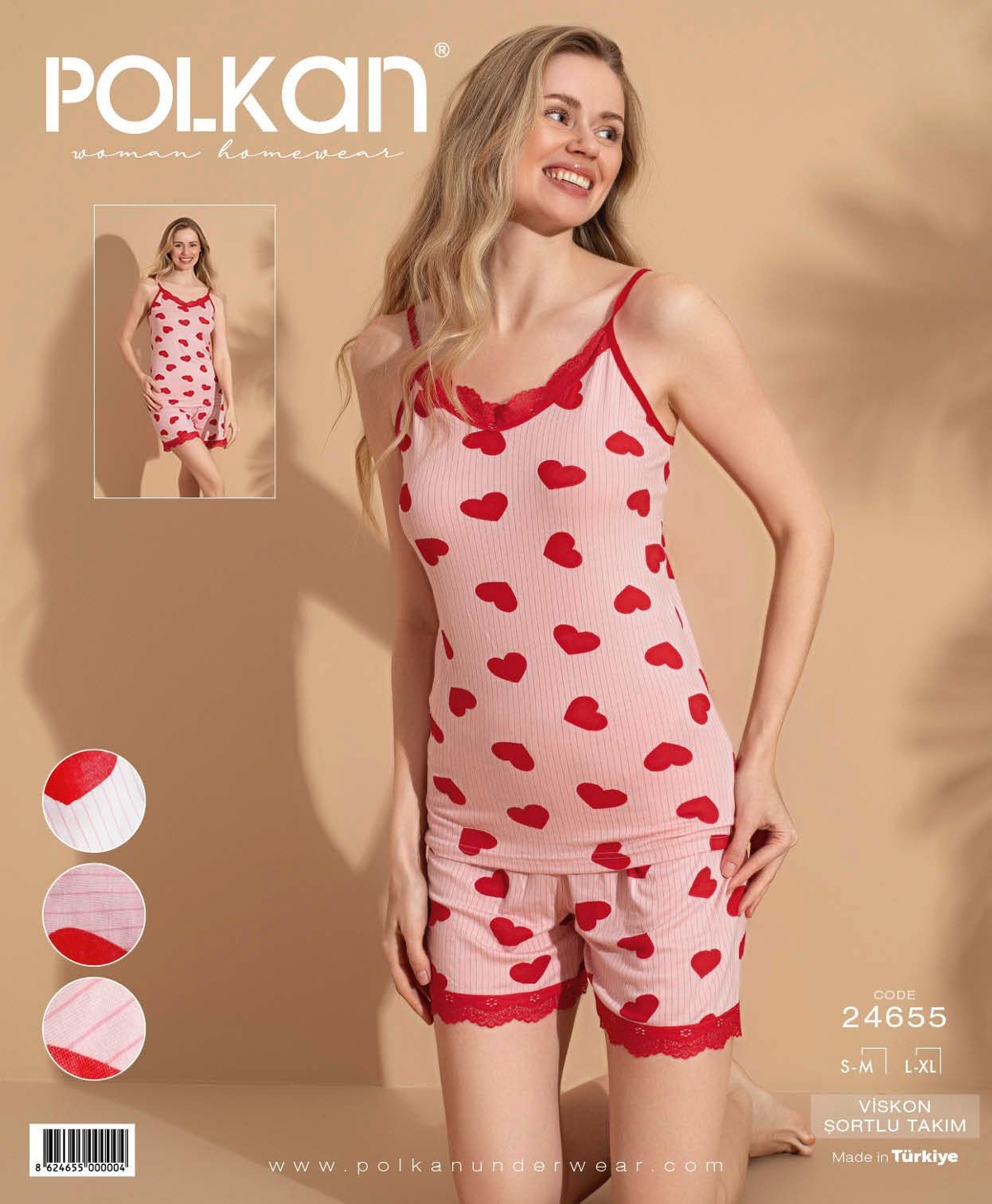 Kalpli Desenli Dantelli Viskon Şort Pijama Takımı Polkan 24655 - Pembe