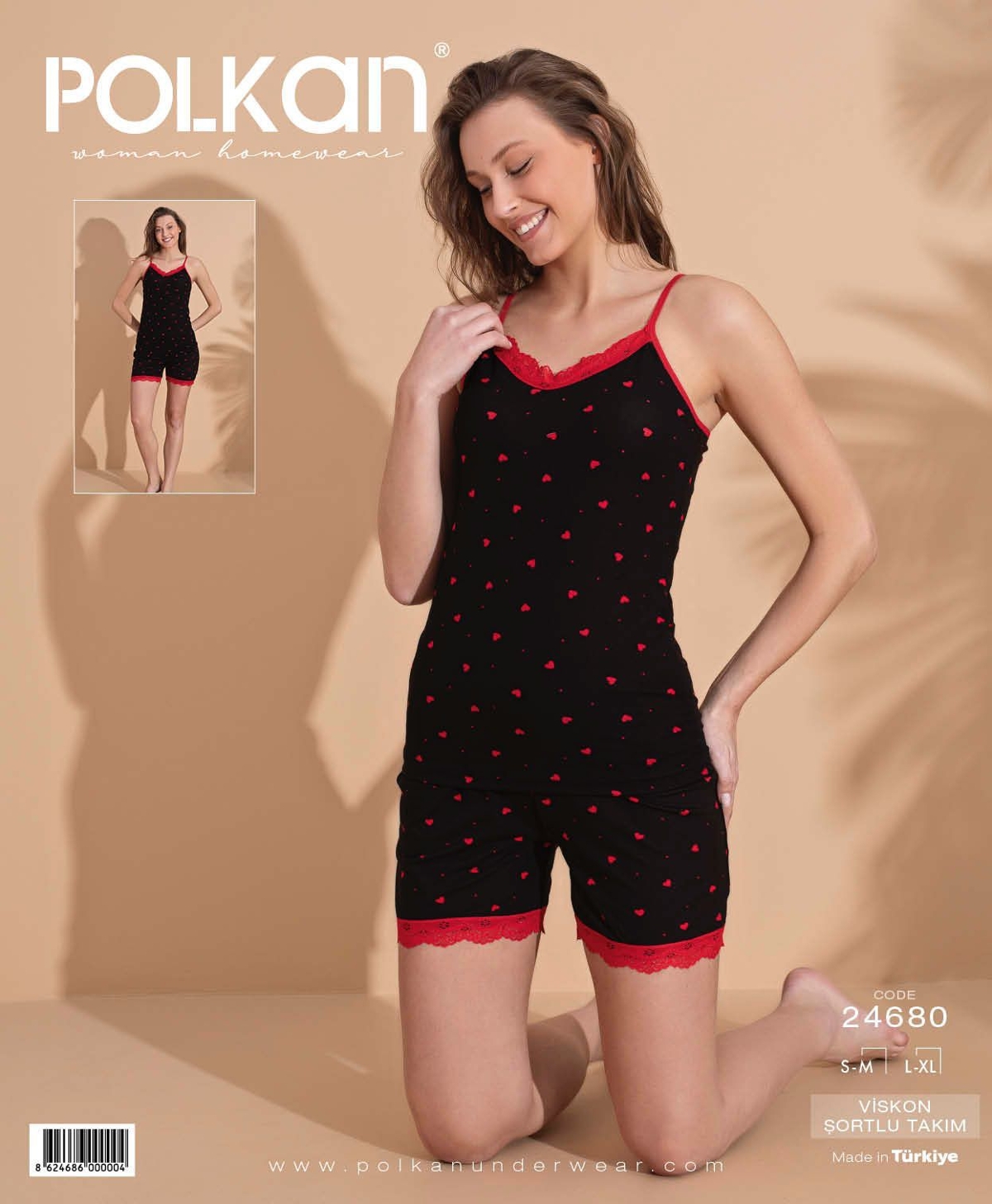 Viskon Dantelli Şort Pijama Takım Kadın Polkan 24680 - Siyah