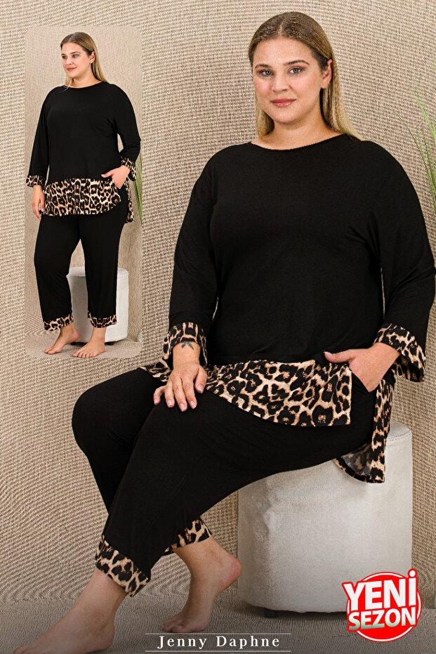 Leopar Desenli Viskon Uzun Kollu Büyük Beden Pijama Takımı Lady 11421 - Siyah