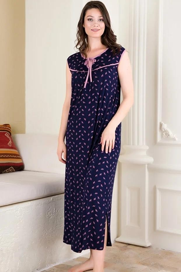 Yırtmaçlı Uzun Elbise Ekru Desenli Lady 7028 - Lacivert