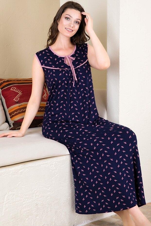 Yırtmaçlı Uzun Elbise Ekru Desenli Lady 7028 - Lacivert