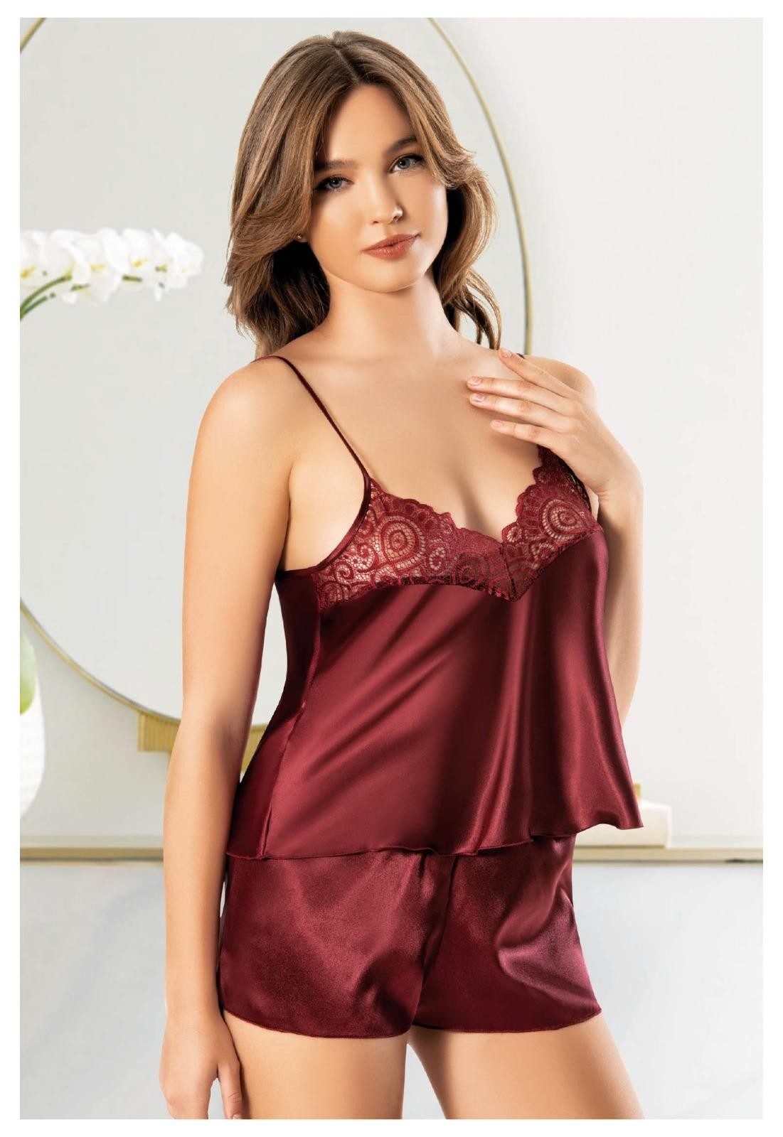 Dantel Detaylı İnce Askılı Şort Pijama Takımı Miss Laris 3125 - Bordo