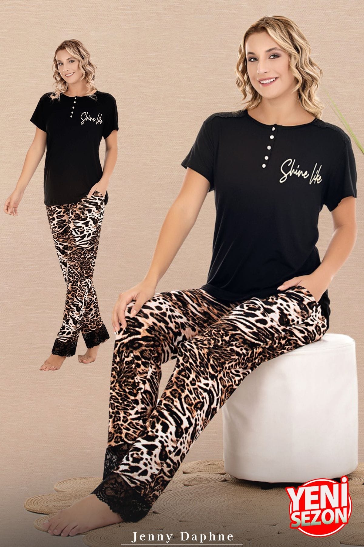 Düğmeli Leopar Desenli Kısa Kollu Pijama Takımı Lady 12598 - Siyah