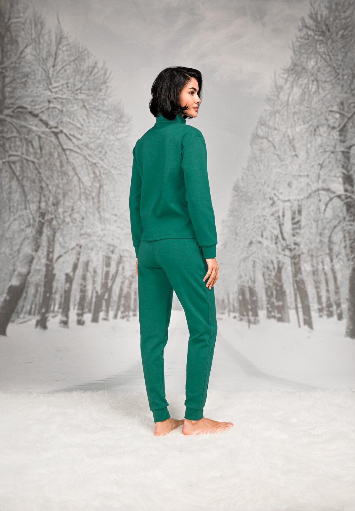 Pamuklu ve Polyester Yakası Fermuarlı Kadın T-shirt Pantolon Takım Doreanse 26K4103 - Yeşil