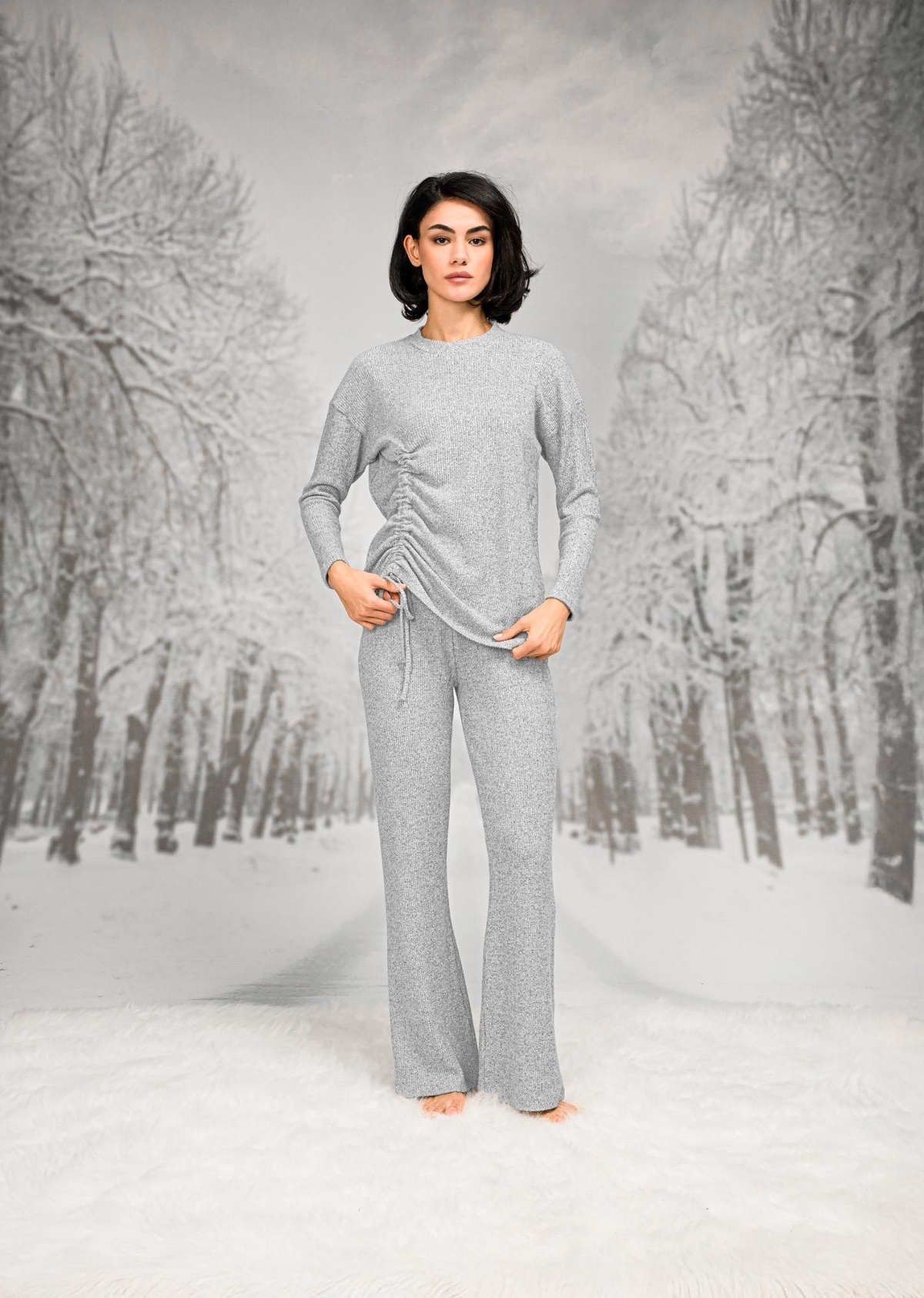 Pamuklu Yandan Büzgülü T-Shirt İspanyol Paça Pantolon Takım Doreanse 4098 - Gri